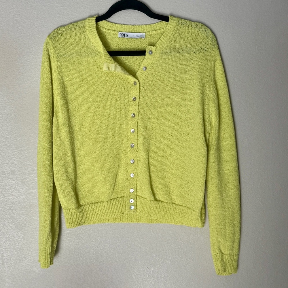 Zara Lime Yellow Button-Front Cardigan, L